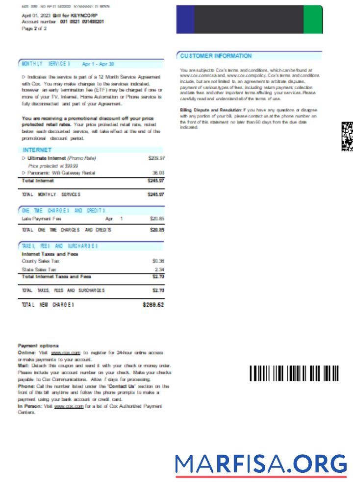 Printable COX digital cable television utility business bill, page 2, SCR real example